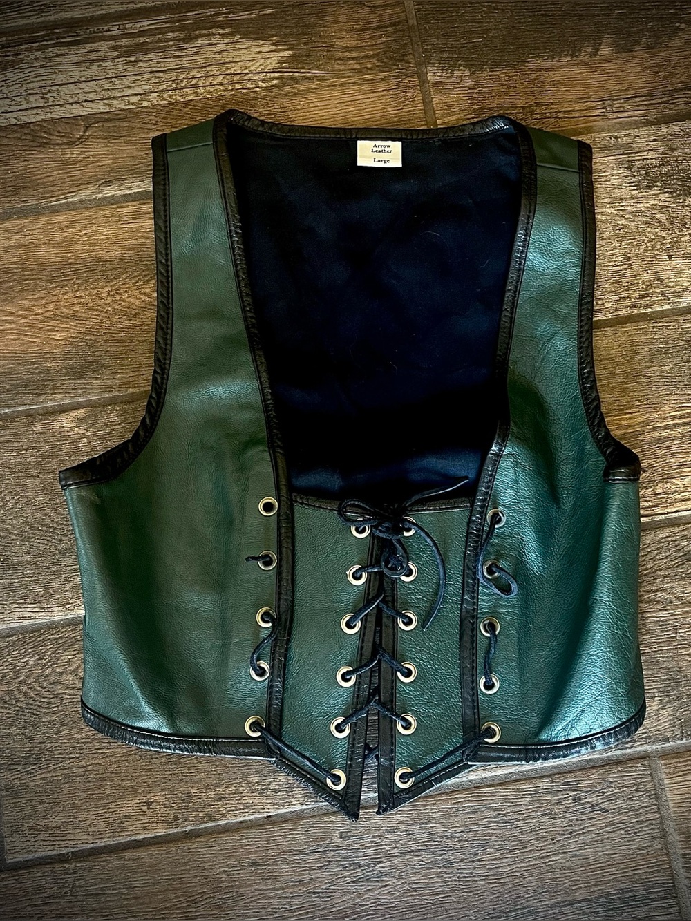 Arrow Leather green and black genuine leather lace up Vest L
